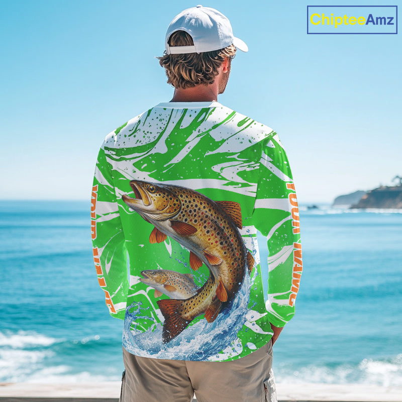 Big Brown Trout Fishing Shirts Long Sleeve Green Camo Custom Name, Tournament Fishing Jerseys NBT411