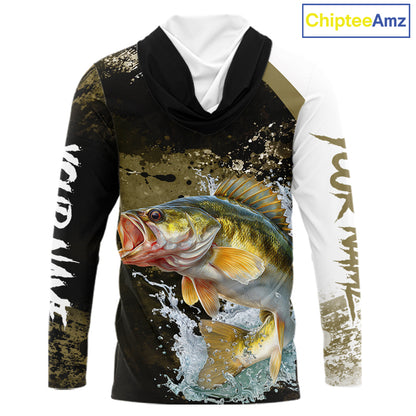 Green Camo Custom Walleye Fishing Shirt Long Sleeve Hooded, Walleye Fishing Jerseys NBT413