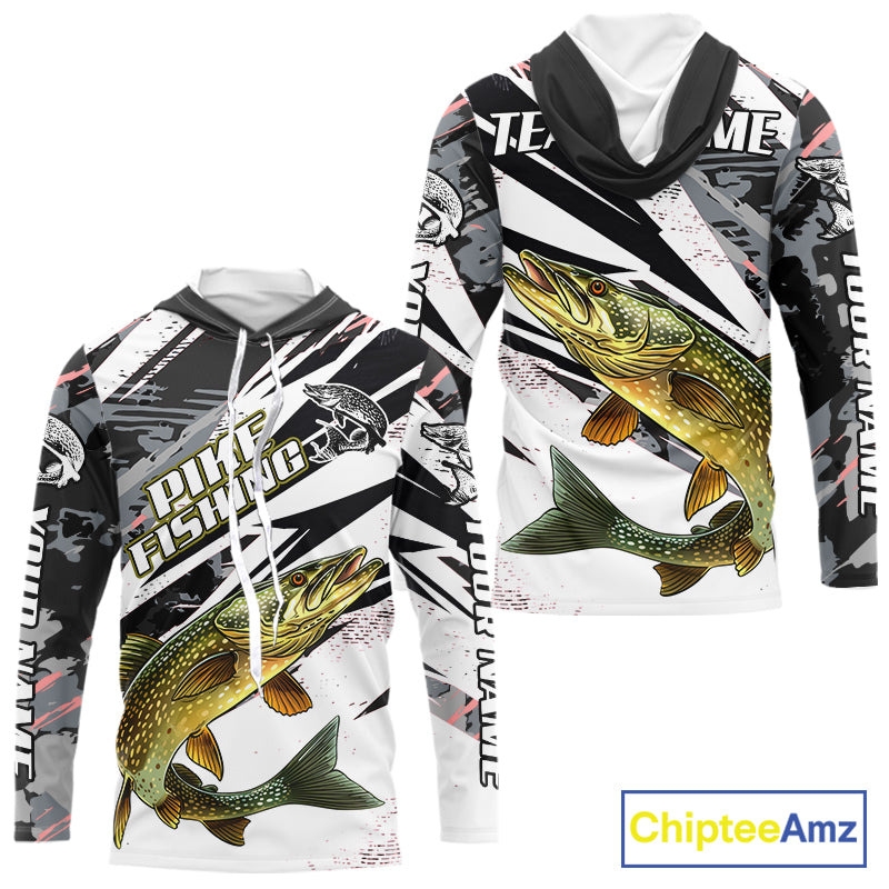 Gray Camo Pike Fishing Jerseys For Men, Custom Pike Fishing Shirt Long Sleeve Hooded NBT415