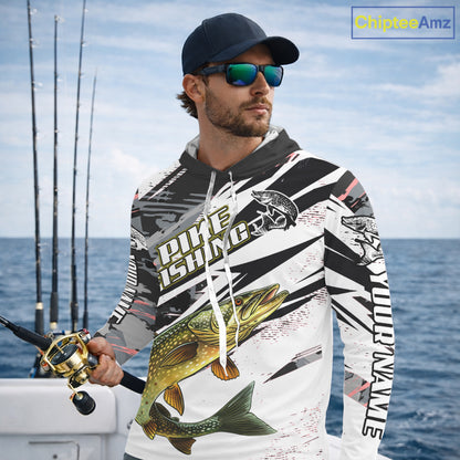 Gray Camo Pike Fishing Jerseys For Men, Custom Pike Fishing Shirt Long Sleeve Hooded NBT415