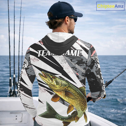 Gray Camo Pike Fishing Jerseys For Men, Custom Pike Fishing Shirt Long Sleeve Hooded NBT415