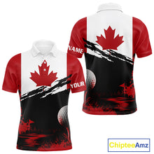 Load image into Gallery viewer, Canada Flag Patriotic Mens Golf Polo Shirt front and back view - red white Canada flag design, breathable polyester fabric, short sleeve Polo tailored fit, custom name shirt