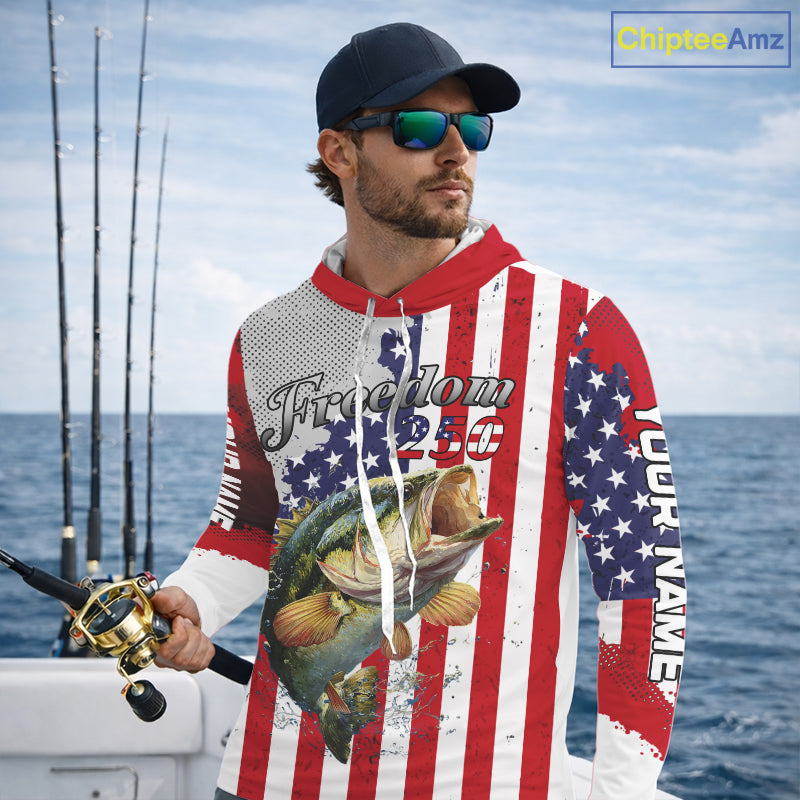 Freedom 250 Bass Long Sleeve Hooded Fishing Shirts American Flag Fishing, Custom Bass Shirts With US Flag NBT374