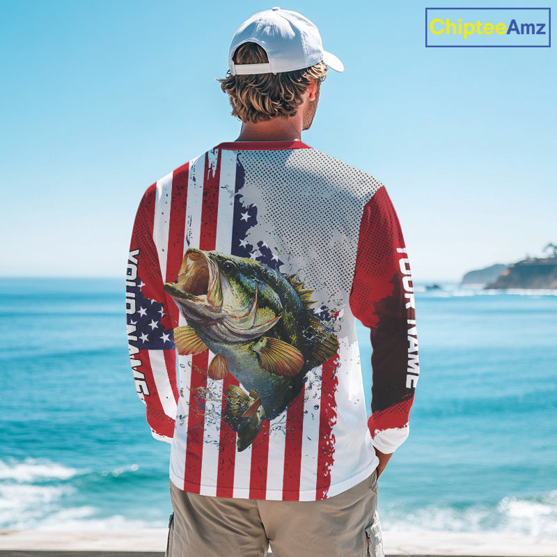 Freedom 250 Bass Fishing Shirts Long Sleeve American Flag Fishing, Custom Bass Shirts With US Flag NBT374