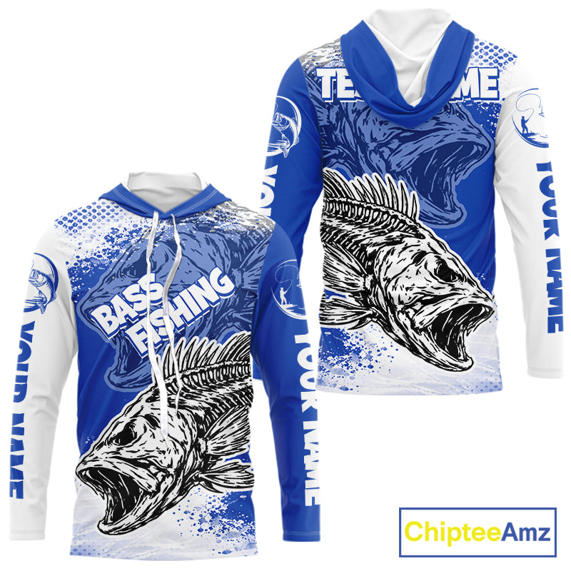 Blue Camo Bass Fishing Jerseys For Fishing Team, Bass Skeleton Fishing Shirts Long Sleeve Hooded NBT418