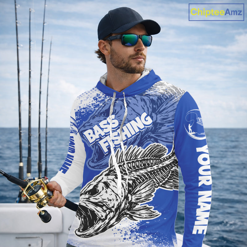 Blue Camo Bass Fishing Jerseys For Fishing Team, Bass Skeleton Fishing Shirts Long Sleeve Hooded NBT418