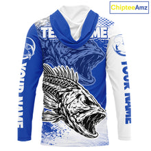 Load image into Gallery viewer, Blue Camo Bass Fishing Jerseys For Fishing Team, Bass Skeleton Fishing Shirts Long Sleeve Hooded NBT418