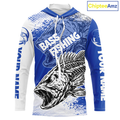 Blue Camo Bass Fishing Jerseys For Fishing Team, Bass Skeleton Fishing Shirts Long Sleeve Hooded NBT418