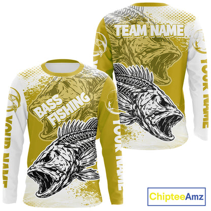 Yellow Camo Bass Fishing Jerseys For Fishing Team, Bass Skeleton Fishing Shirts Long Sleeve NBT419