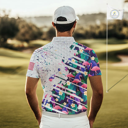 Flamingo Golf Polo Shirts For Men, Colorful Tropical Flamingo Pattern, Tropical Golf Shirt NBT477