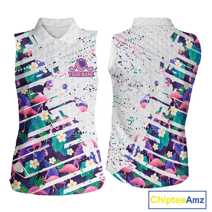 Women Sleeveless Flamingo Golf Polo Shirt, Colorful Tropical Flamingo Pattern, Tropical Golf Shirt NBT477