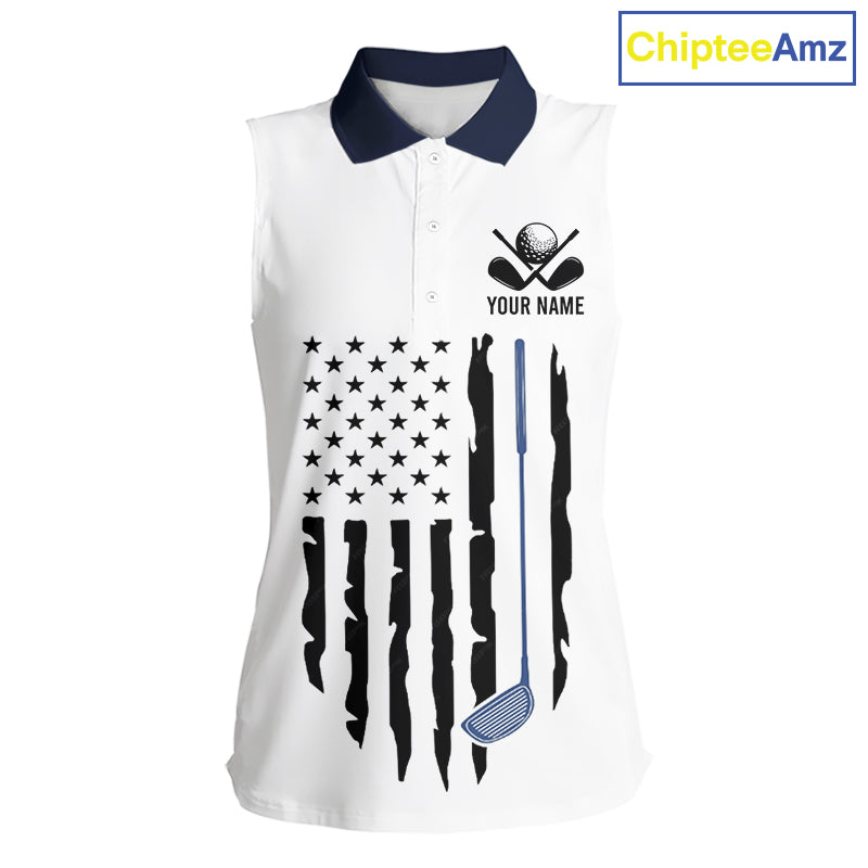 USA Flag Pattern Womens Sleeveless Golf Polo Shirt, Patriotic American Golf Shirt, 4Th Of July Golf Outfit NBT613