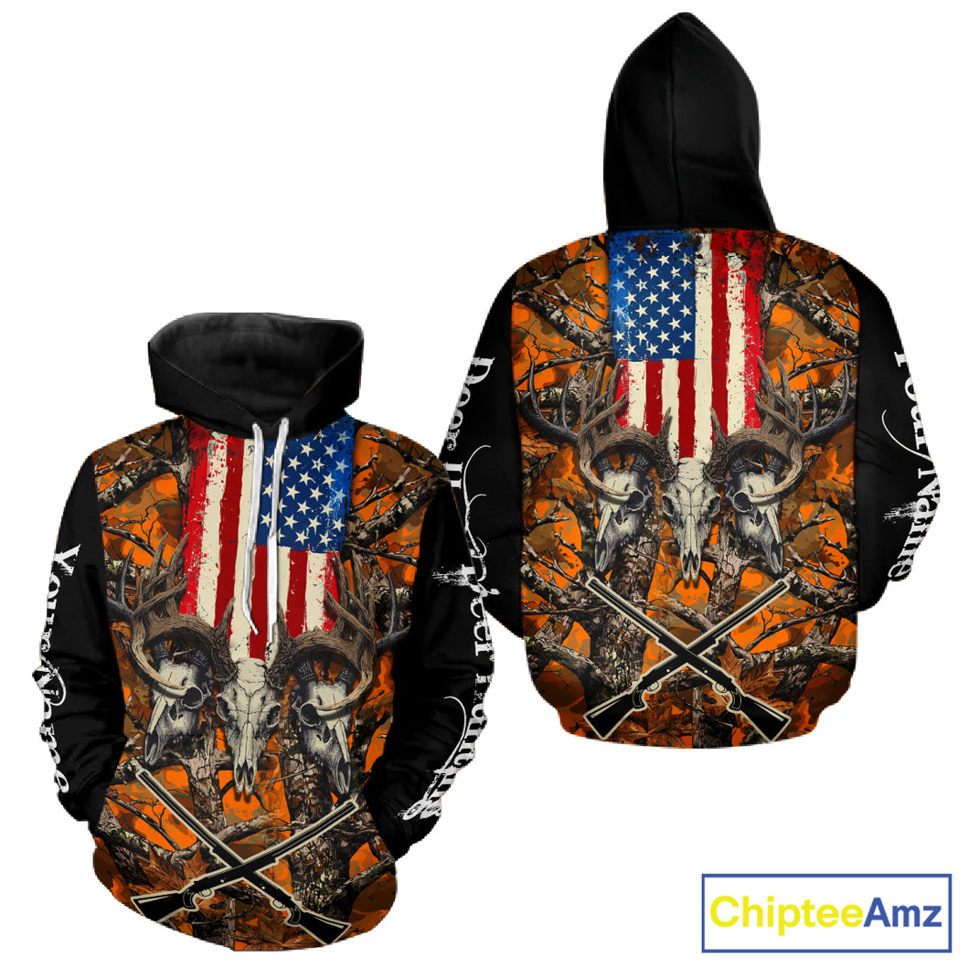 Custom Orange Camo US Flag Rifle Personalized Hunting Shirts, Deer Hunting Clothes NBT282