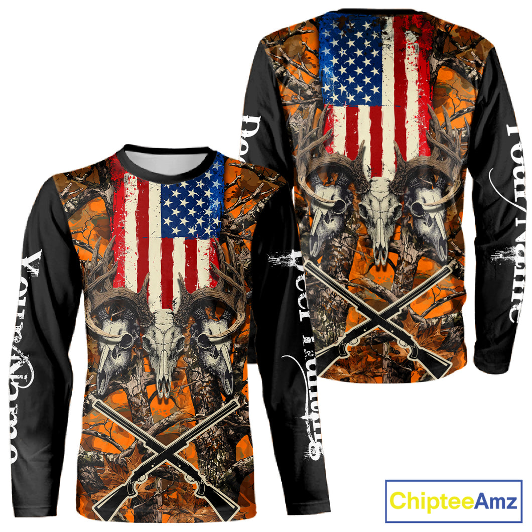 Custom Orange Camo US Flag Rifle Personalized Hunting Shirts, Deer Hunting Clothes NBT282