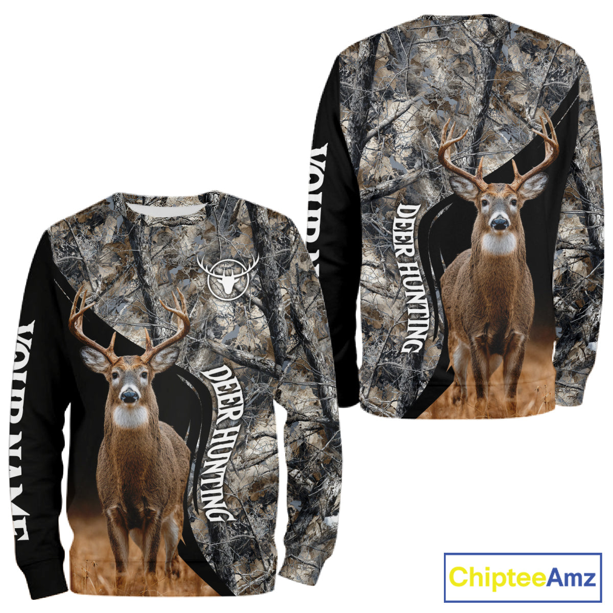 Winter Whitetail Deer Camo Customize Name 3D All Over Printed Long Sleeve Hunting Shirts for Men NBT332