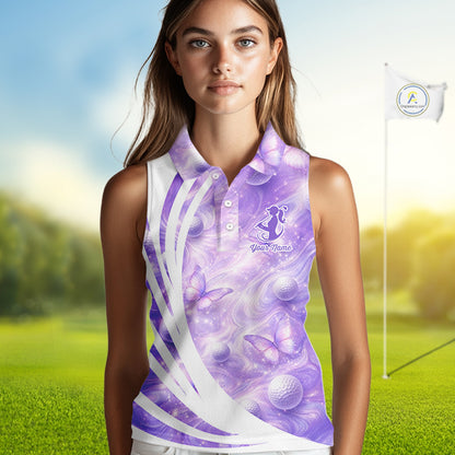 Butterfly Womens Sleeveless Golf Polo Shirts Custom Name Floral Purple, Golf Gifts For Ladies NBT482