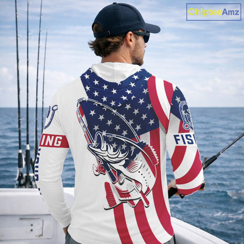 Hooded Bass Fishing American Flag Fishing Tournament Shirts, Personalized Bass Long Sleeve Fishing Jerseys NBT485