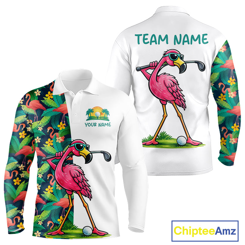 Funny Flamingo Mens Golf Polo Shirts Colorful Tropical Flamingo Custom Name, Golf Gifts  NBT487