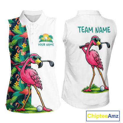 Funny Flamingo Womens Sleeveless Golf Polo Shirts Colorful Tropical Flamingo Custom Name, Golf Gifts NBT487