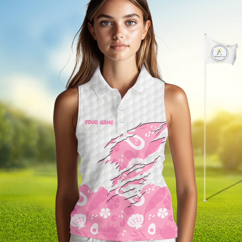 Custom Pink Summer Pattern Womens Sleeveless Golf Polo Shirts Summer Golf Shirt For Vacation, Golf Team Shirt NBT733