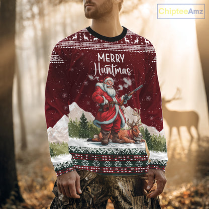 Funny Ugly Pattern Santa Deer Hunting Customized Name All Over Print Shirts for Hunter NBT283
