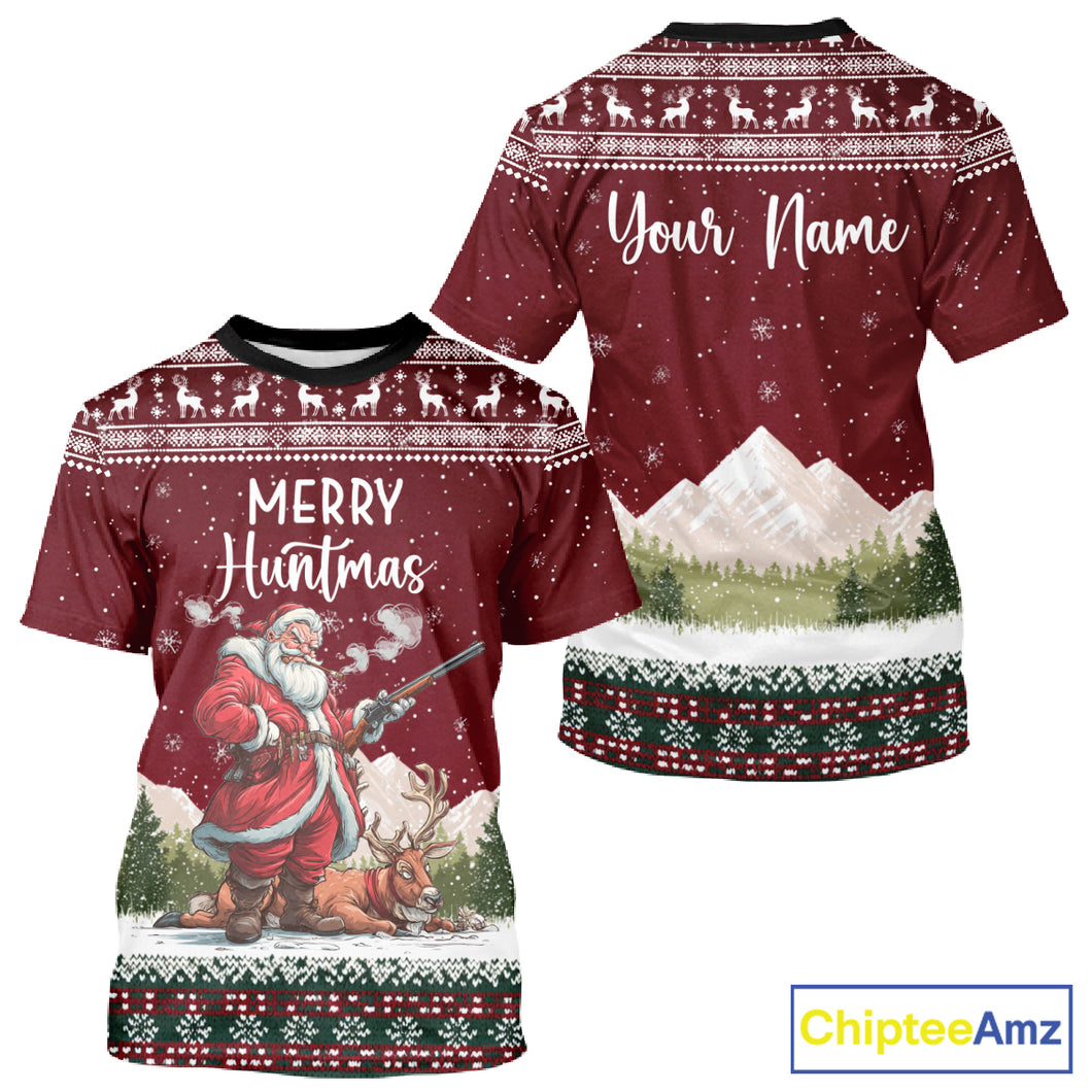 Funny Ugly Pattern Santa Deer Hunting Customized Name All Over Print Shirts for Hunter NBT283