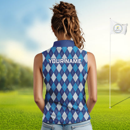 Blue Argyle Sleeveless Golf Polo Shirt For Women Plaid Pattern Custom Name, Golfer Gifts NBT488