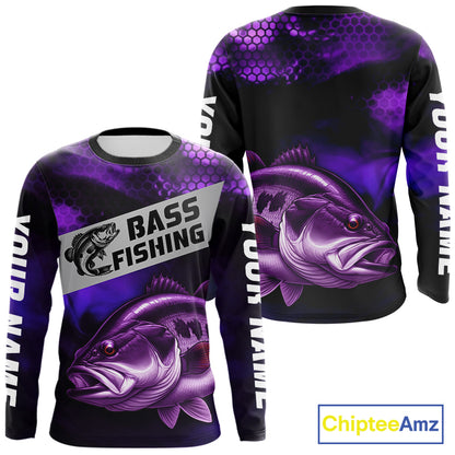 Purple Largemouth Bass Long Sleeve Fishing Shirts, Custom Big Bass Fishing Jerseys NBT379