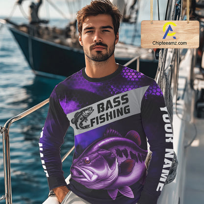 Purple Largemouth Bass Long Sleeve Fishing Shirts, Custom Big Bass Fishing Jerseys NBT379