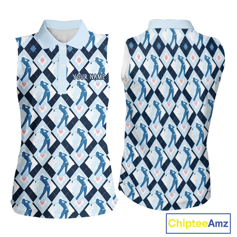 Blue Argyle Womens Sleeveless Golf Polo Shirt, Golf Friends Shirt, Blue Retro Golf Outfits NHT565