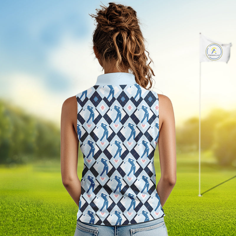 Blue Argyle Womens Sleeveless Golf Polo Shirt, Golf Friends Shirt, Blue Retro Golf Outfits NHT565