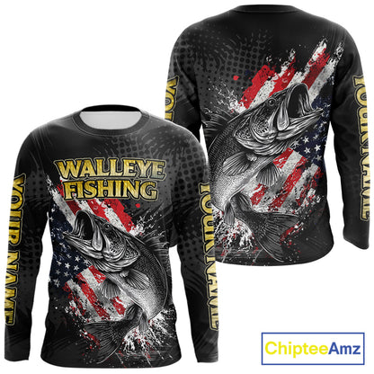 Walleye Custom Made Fishing Shirts, American Flag Walleye Fishing Shirts Long Sleeve NBT430