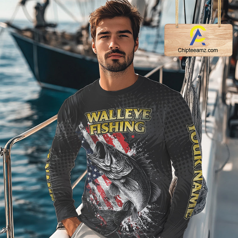 Walleye Custom Made Fishing Shirts, American Flag Walleye Fishing Shirts Long Sleeve NBT430