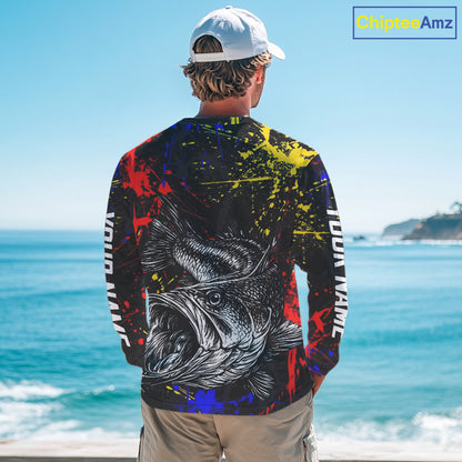Colorful Paint Tattoo Bass Fishing Shirts Long Sleeve With Hood, Bass Fishing Jerseys NBT431