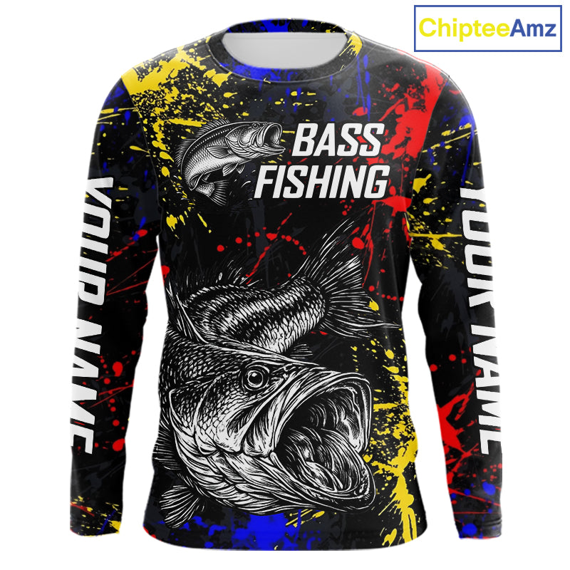 Colorful Paint Tattoo Bass Fishing Shirts Long Sleeve With Hood, Bass Fishing Jerseys NBT431