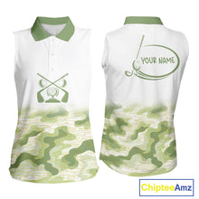 Load image into Gallery viewer, Green And White Camo Womens Sleeveless Golf Polo Shirts Customized Camouflage Golf Shirts For Women, Golfer Gifts NBT510
