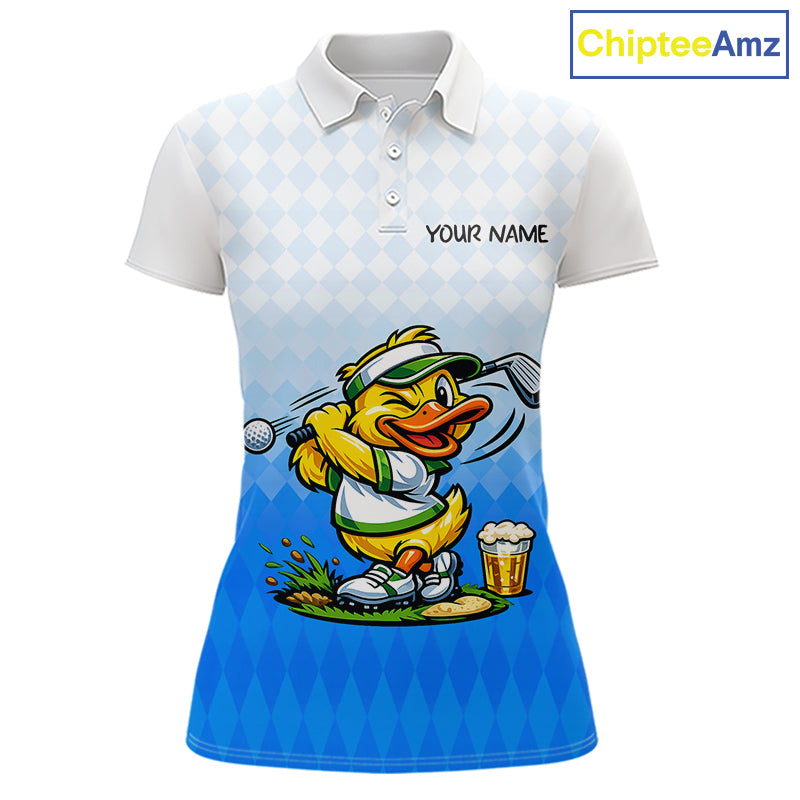 Funny Duck Golf Polo Shirt For Womens, Cute Duck With Beer Print Shirt, Sporty Animal Golf Gift|Blue NBT622