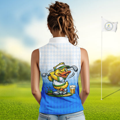 Funny Duck Sleeveless Golf Polo Shirt For Womens, Cute Duck With Beer Print Shirt, Sporty Animal Golf Gift|Blue NBT622