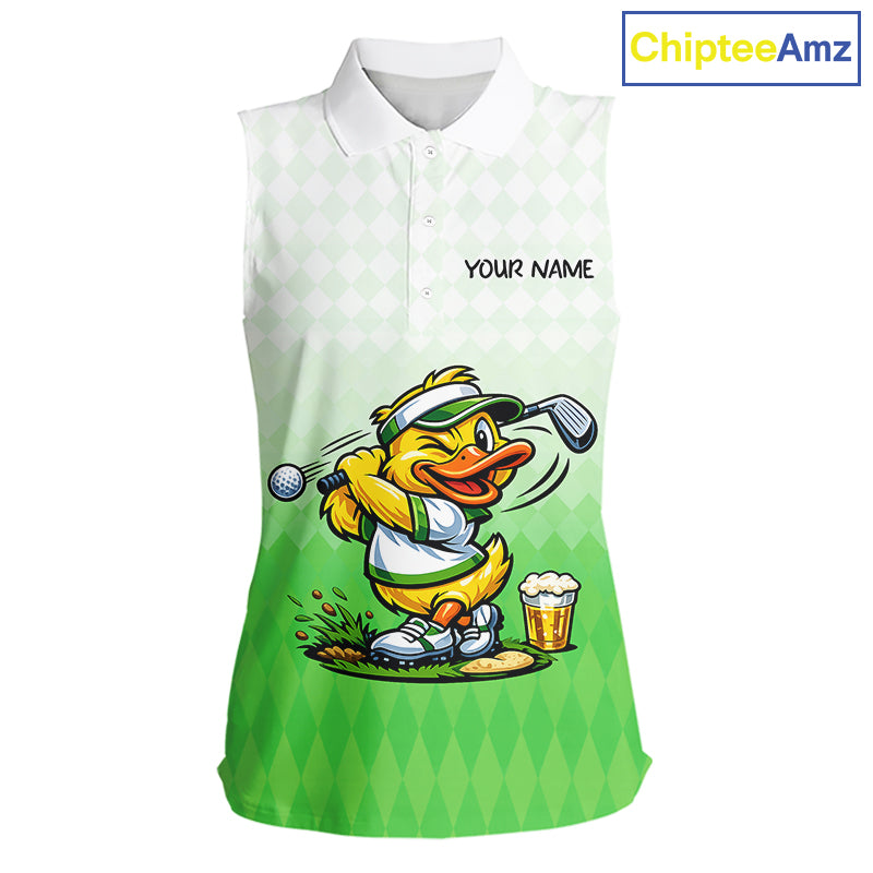 Funny Duck Sleeveless Golf Polo Shirt For Womens, Cute Duck With Beer Print Shirt, Sporty Animal Golf Gift|Green NBT623