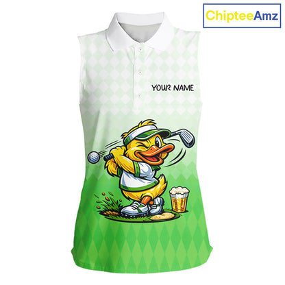 Funny Duck Sleeveless Golf Polo Shirt For Womens, Cute Duck With Beer Print Shirt, Sporty Animal Golf Gift|Green NBT623