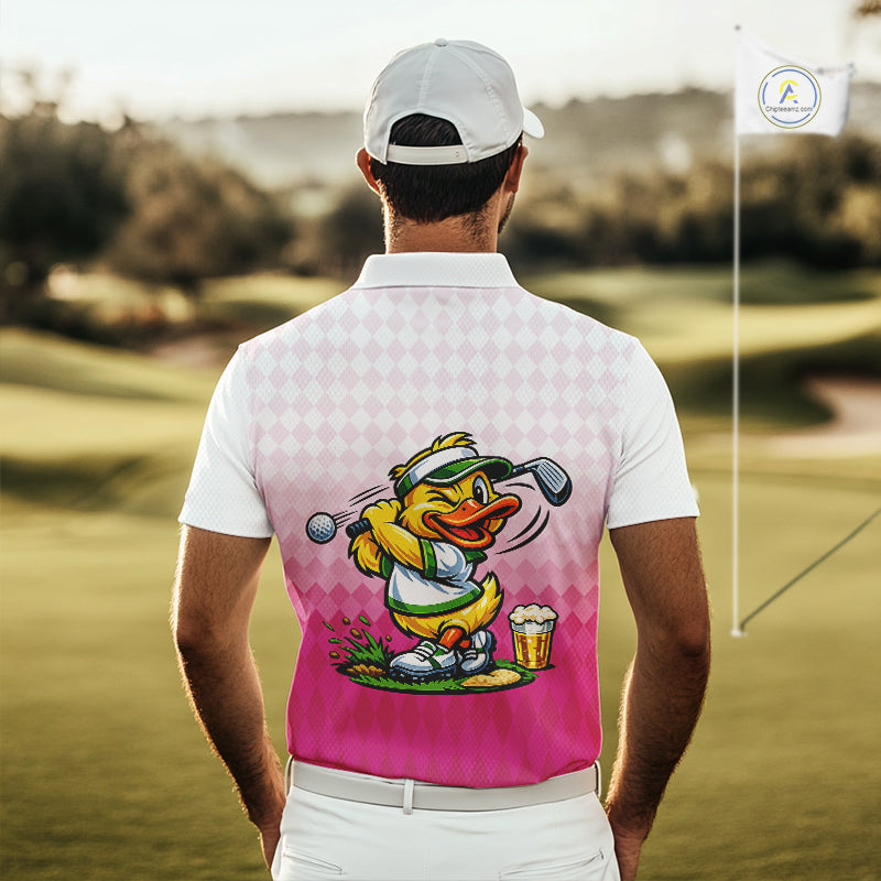 Funny Duck Golf Polo Shirt For Men, Cute Duck With Beer Print Shirt, Sporty Animal Golf Gift|Pink NBT624