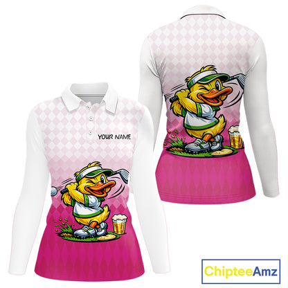 Funny Duck Golf Polo Shirt For Womens, Cute Duck With Beer Print Shirt, Sporty Animal Golf Gift|Pink NBT624
