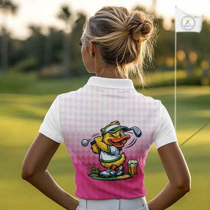 Funny Duck Golf Polo Shirt For Womens, Cute Duck With Beer Print Shirt, Sporty Animal Golf Gift|Pink NBT624