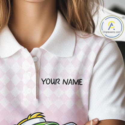 Funny Duck Golf Polo Shirt For Womens, Cute Duck With Beer Print Shirt, Sporty Animal Golf Gift|Pink NBT624