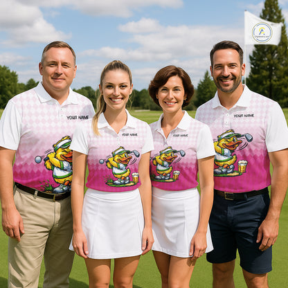 Funny Duck Golf Polo Shirt For Men, Cute Duck With Beer Print Shirt, Sporty Animal Golf Gift|Pink NBT624