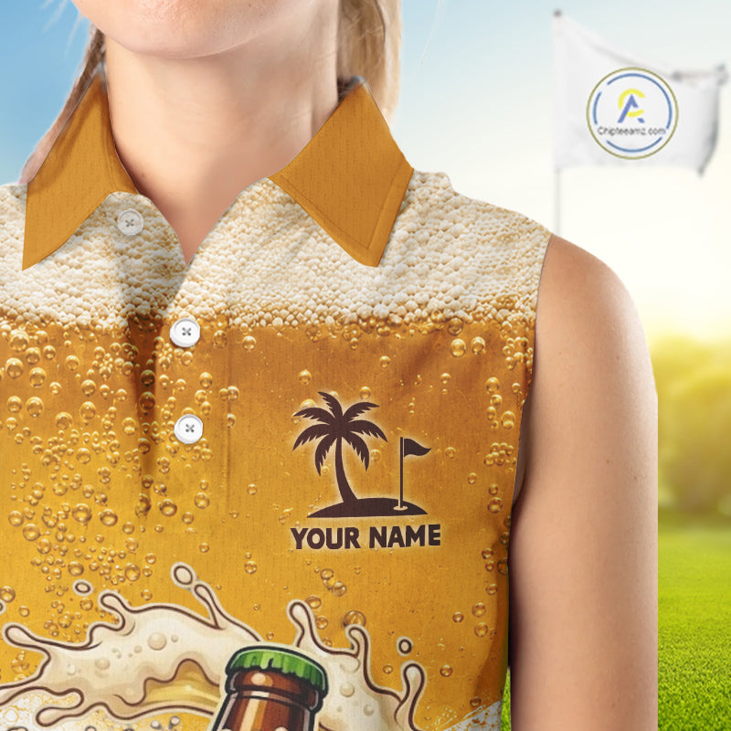 close up of funny beer bottle golfer pattern on custom sleeveless beer golf polo