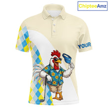 Load image into Gallery viewer, Funny rooster Hawaiian mens golf polo shirt with argyle pattern - front view