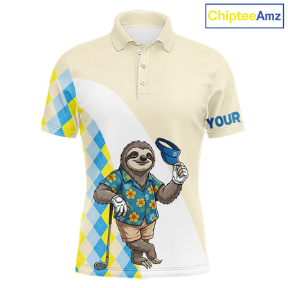 Funny sloth Hawaiian mens short sleeve golf polo shirt with argyle pattern - front view