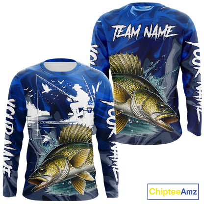 Front and back view of Walleye Fishing Jersey Custom Name long sleeve fishing shirt, camo walleye fishing shirt for team with walleye graphic and custom name right, left sleeve