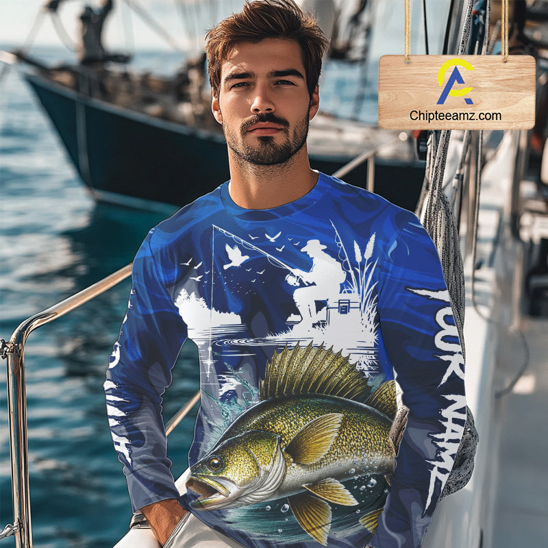 Model wearing Walleye Fishing Jersey Custom Name long sleeve camo walleye fishing shirt for team, UPF 30+ long sleeve fishing shirt on the boat